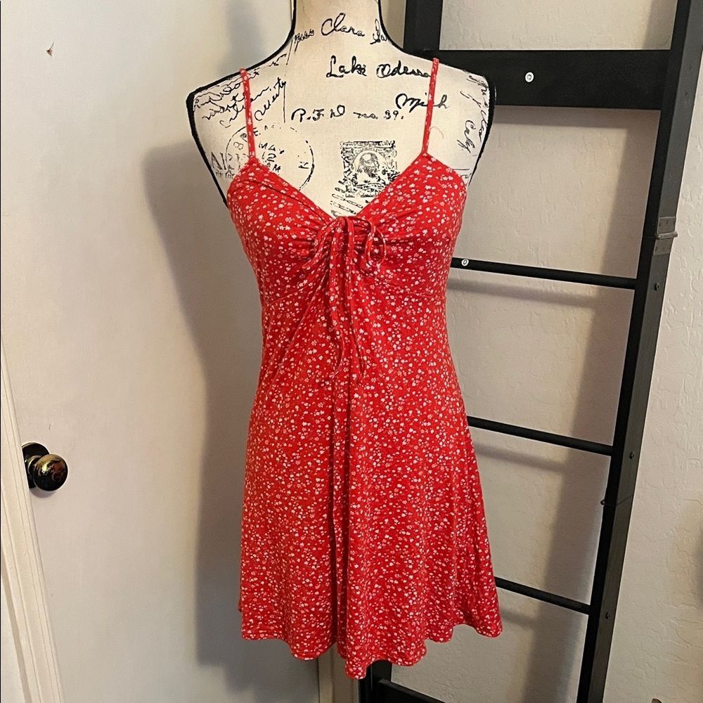 Hollister Red Floral Design Spaghetti Strap Dress Bohemian Cottagecore Feminine